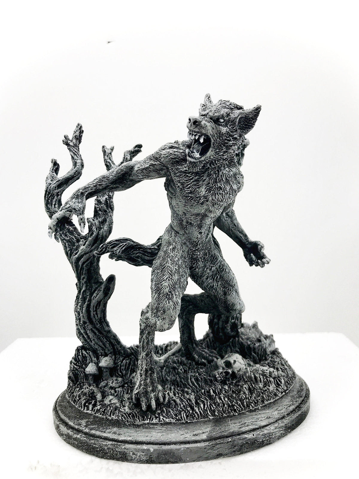 Werewolf Statue, Hand Painted Grayscale Resin Sculpture | Gothic Halloween Legendary Monster Figurine | Dark Art for Spooky Home Decor