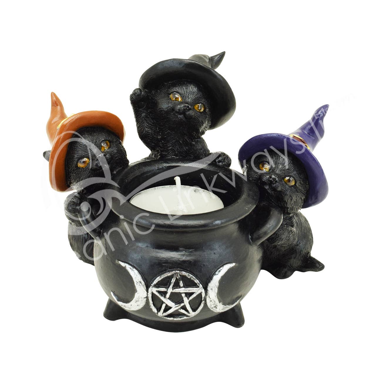 Witchy Halloween Candle Holder - Black Cats With Cauldron 4.65"L X 3.95"W X 3
