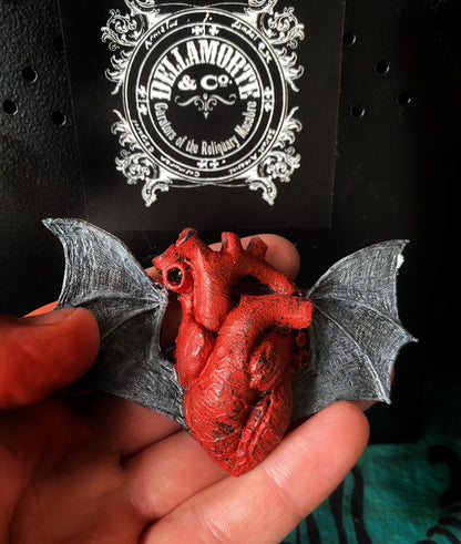 Batwing Heart Magnet, Hand Painted Resin Sculpture | Gothic Fantasy Decor | Winged Heart Magnet for Fantasy and Gothic Decor