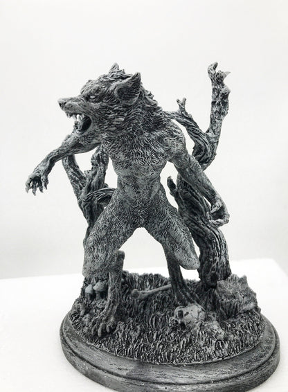 Werewolf Statue, Hand Painted Grayscale Resin Sculpture | Gothic Halloween Legendary Monster Figurine | Dark Art for Spooky Home Decor