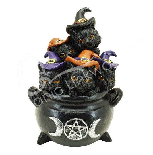 Witchy Halloween Statue - Black Cat Family In Cauldron 3.75" X 3.15"W X 5"H