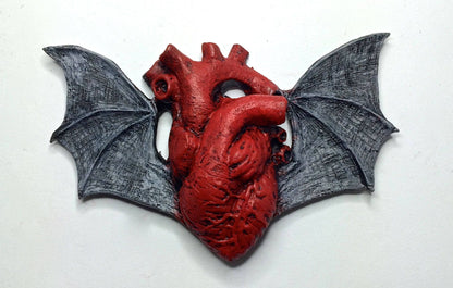 Batwing Heart Magnet, Hand Painted Resin Sculpture | Gothic Fantasy Decor | Winged Heart Magnet for Fantasy and Gothic Decor