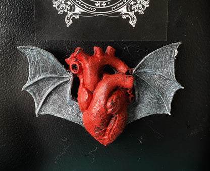 Batwing Heart Magnet, Hand Painted Resin Sculpture | Gothic Fantasy Decor | Winged Heart Magnet for Fantasy and Gothic Decor