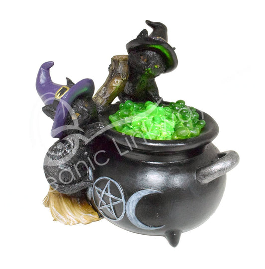 Witchy Halloween Led Light Black Cat With Cauldron & Broom 5.10"
