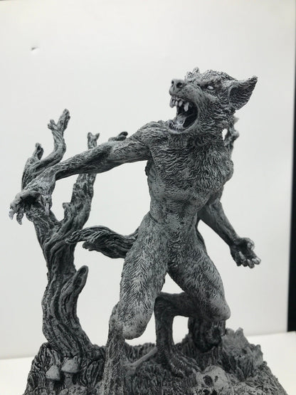 Werewolf Statue, Hand Painted Grayscale Resin Sculpture | Gothic Halloween Legendary Monster Figurine | Dark Art for Spooky Home Decor