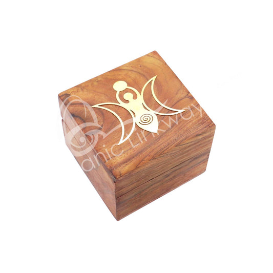 WITCHY TRINKET BOX - ACACIA WOOD MOON GODDESS BRASS INLAYED 2.5"