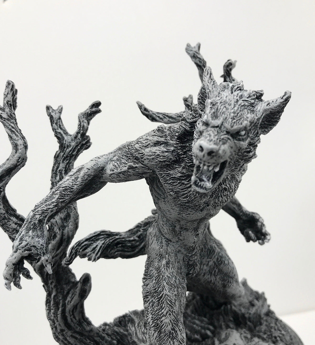 Werewolf Statue, Hand Painted Grayscale Resin Sculpture | Gothic Halloween Legendary Monster Figurine | Dark Art for Spooky Home Decor