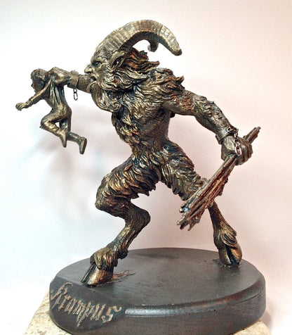 Krampus III Statue, Hand Painted Resin Sculpture, Bronze Finish |Mythical Creature Figurine |Dark Christmas Demon, Gothic Folklore Decor