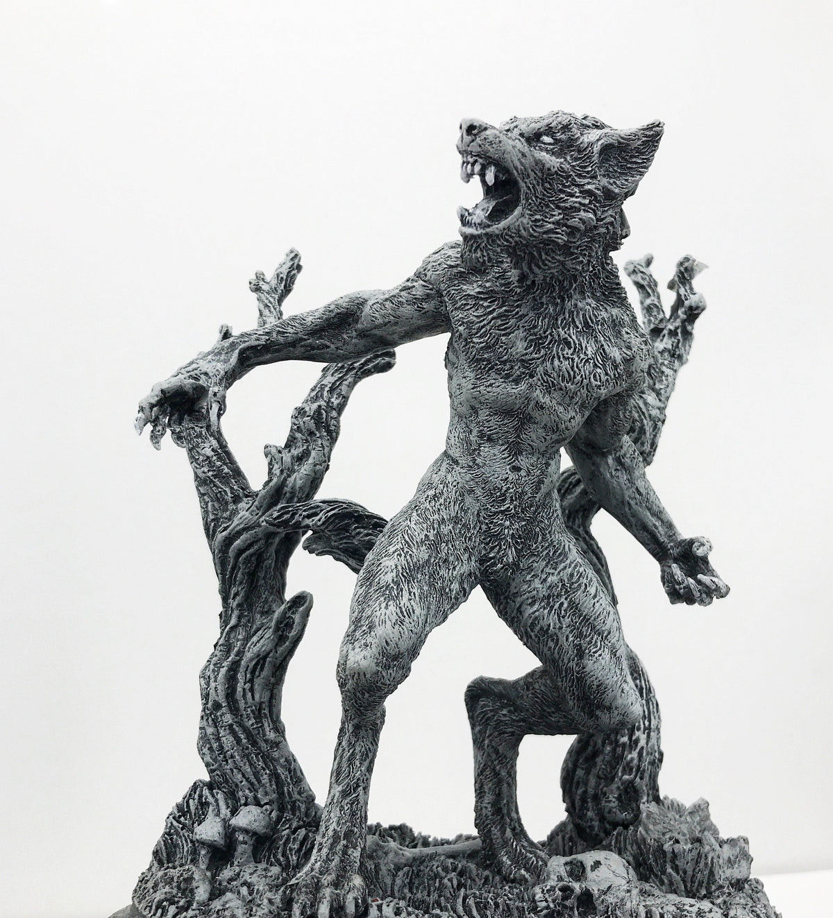 Werewolf Statue, Hand Painted Grayscale Resin Sculpture | Gothic Halloween Legendary Monster Figurine | Dark Art for Spooky Home Decor