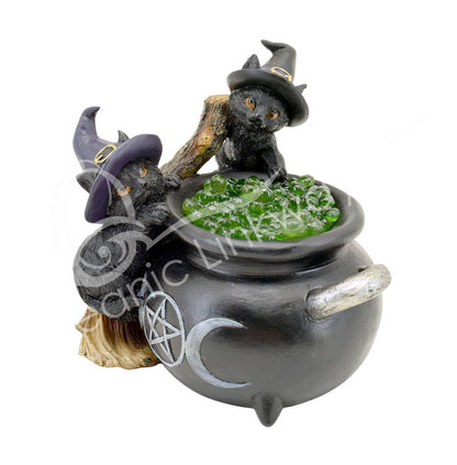 Witchy Halloween Led Light Black Cat With Cauldron & Broom 5.10"