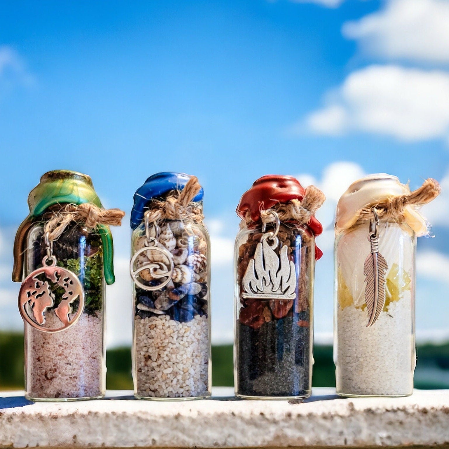 4 Elements Spell Jars Set: Altar Decor with Crystals & Charms