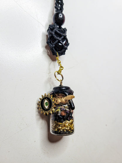 Spell Jar Car Mirror Hanger: Witchy Protection | Black Obsidian, Evil Eye and Safe Travels | Custom Gift