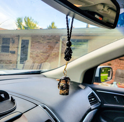 Spell Jar Car Mirror Hanger: Witchy Protection | Black Obsidian, Evil Eye and Safe Travels | Custom Gift