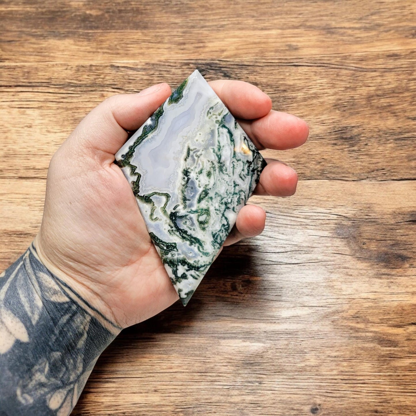 Moss Agate Rhombus Carving with Stand | Grade A Translucent | Statement Piece | Crystal Gift