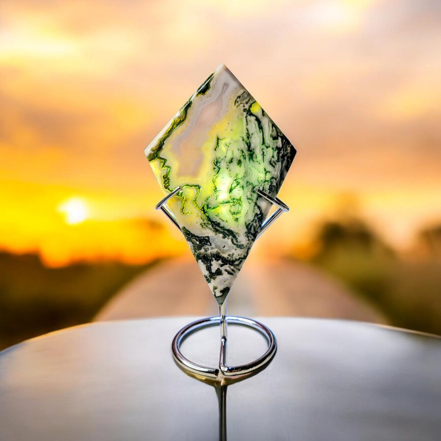 Moss Agate Rhombus Carving with Stand | Grade A Translucent | Statement Piece | Crystal Gift