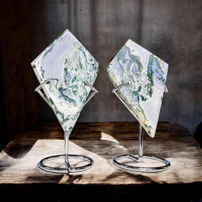 Moss Agate Rhombus Carving with Stand | Grade A Translucent | Statement Piece | Crystal Gift