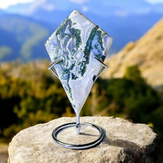 Moss Agate Rhombus Carving with Stand | Grade A Translucent | Statement Piece | Crystal Gift