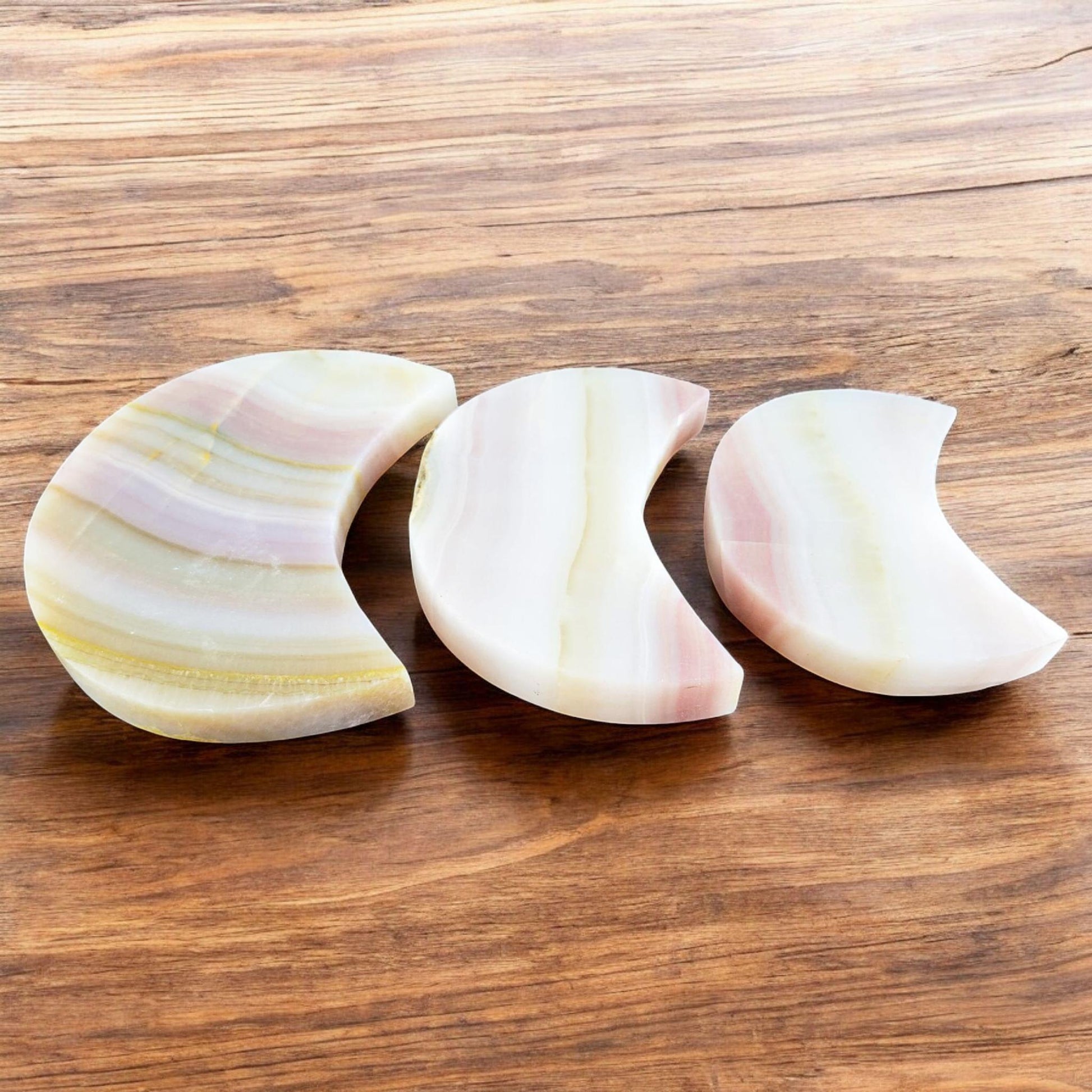 Pink Banded Calcite Crystal Moon: Carved Celestial Decor