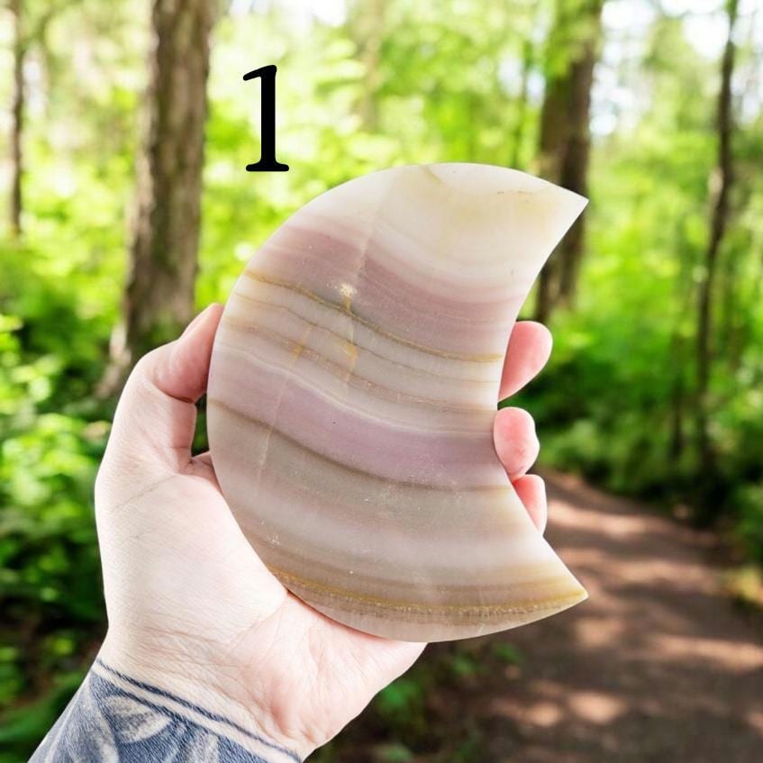 Pink Banded Calcite Crystal Moon: Carved Celestial Decor