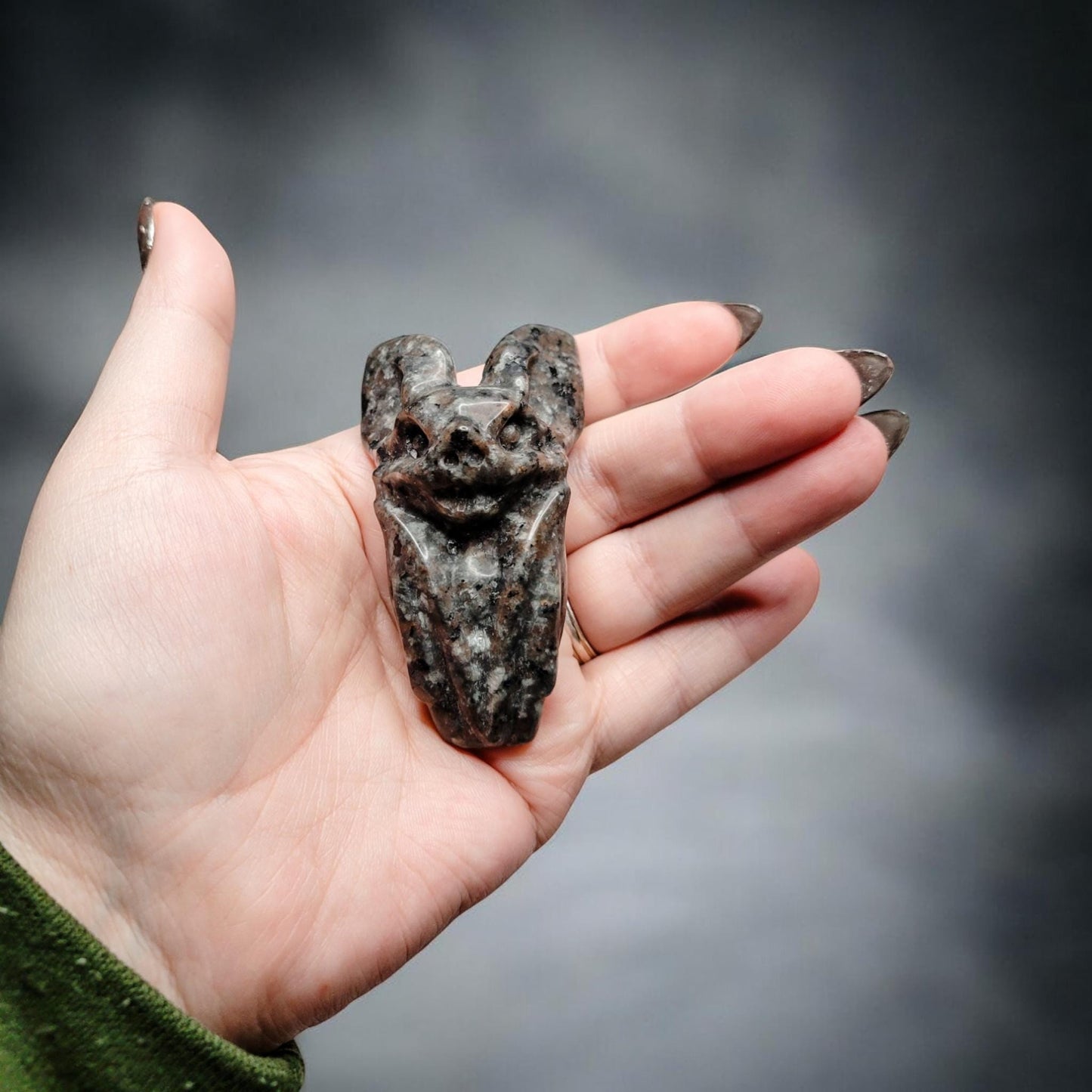 Hanging Bat Crystal Carving | Gothic Decor | UV Reactive Yooperlite Halloween Figure