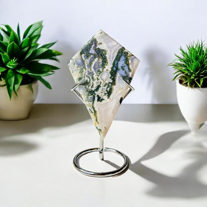 Moss Agate Rhombus Carving with Stand | Grade A Translucent | Statement Piece | Crystal Gift