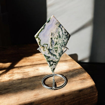 Moss Agate Rhombus Carving with Stand | Grade A Translucent | Statement Piece | Crystal Gift