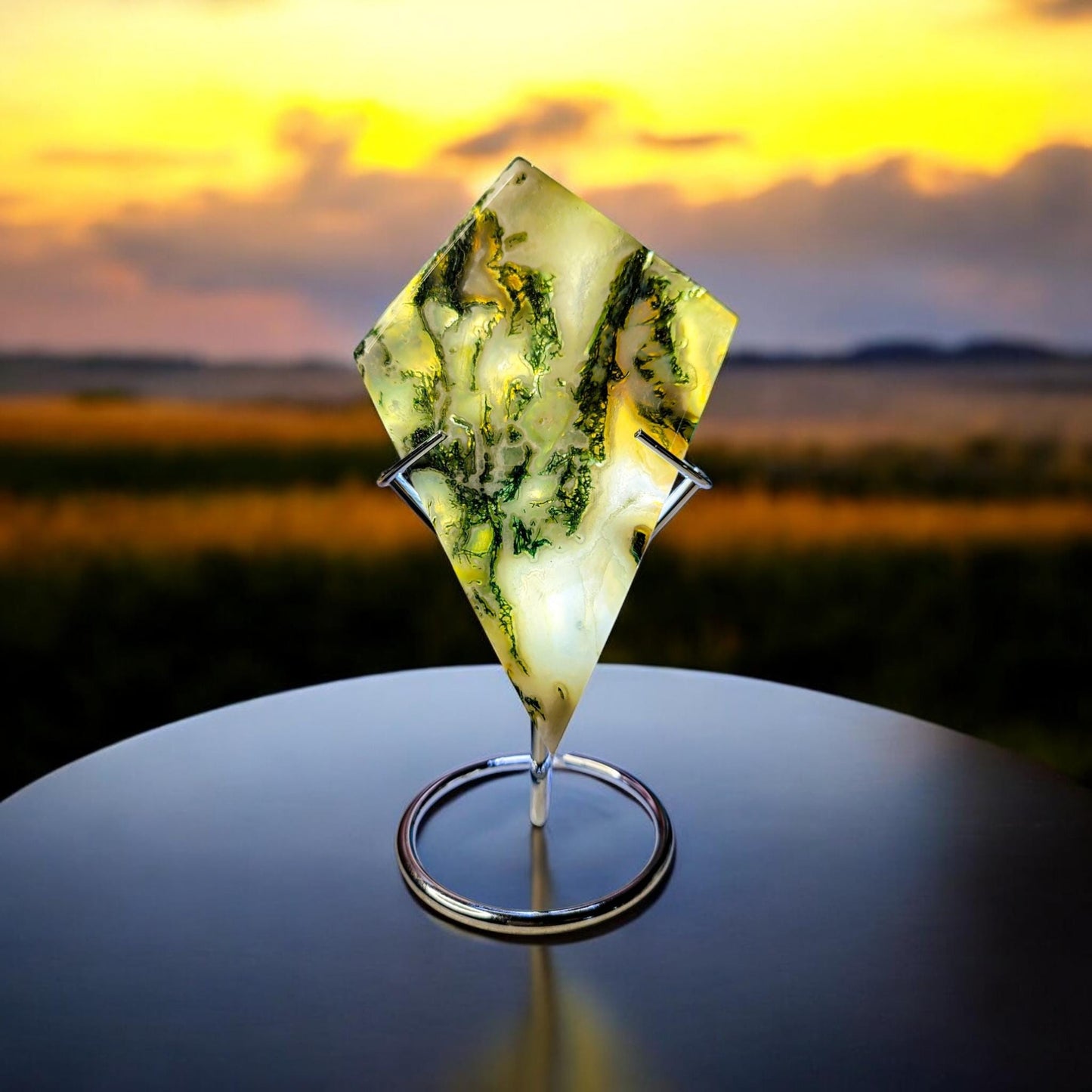 Moss Agate Rhombus Carving with Stand | Grade A Translucent | Statement Piece | Crystal Gift