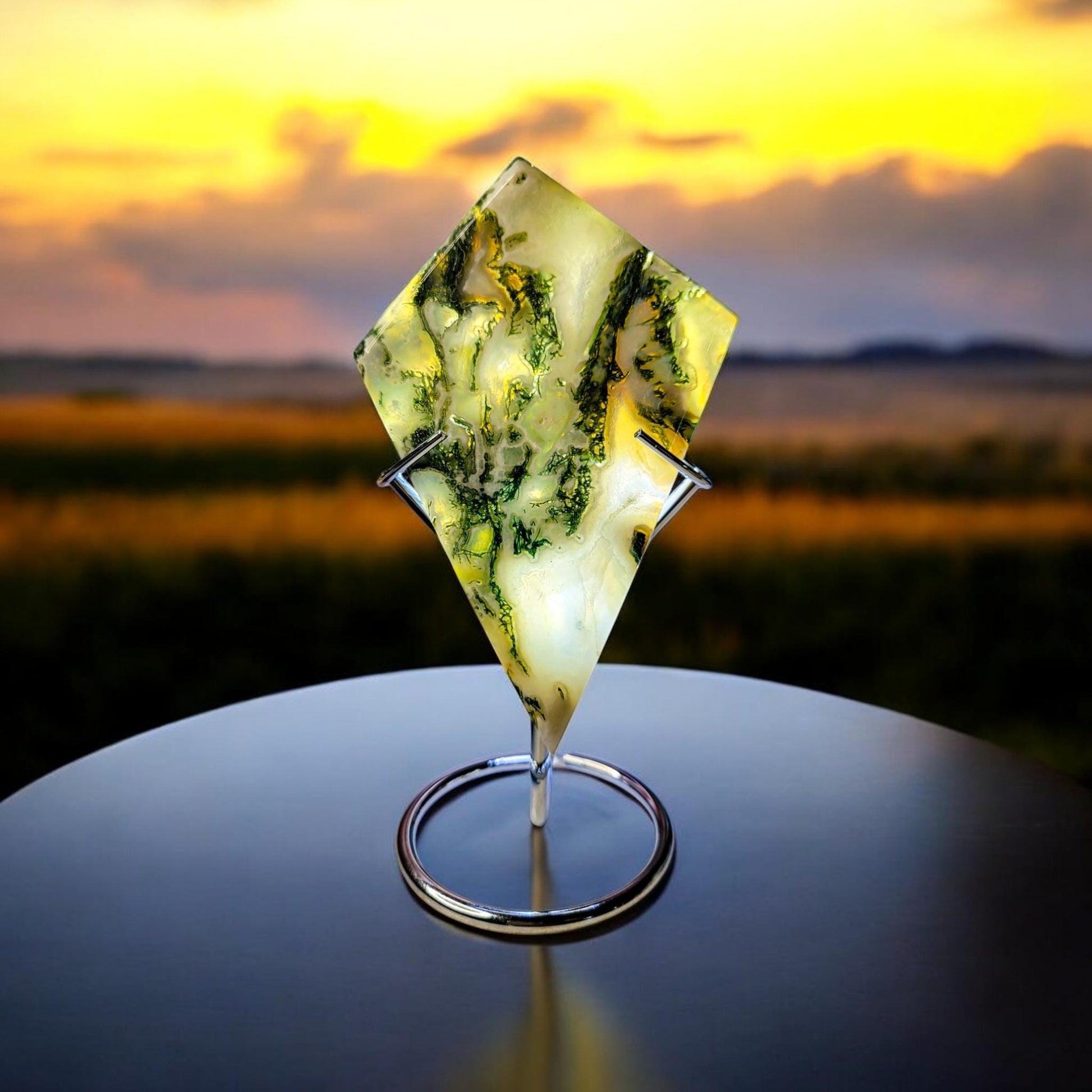 Moss Agate Rhombus Carving with Stand | Grade A Translucent | Statement Piece | Crystal Gift