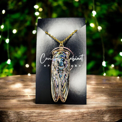 Iridescent Glass Cicada Necklace | Gold Color Electroplated Pendant | Unique Nature Lover Gift