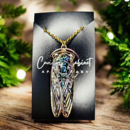 Iridescent Glass Cicada Necklace | Gold Color Electroplated Pendant | Unique Nature Lover Gift