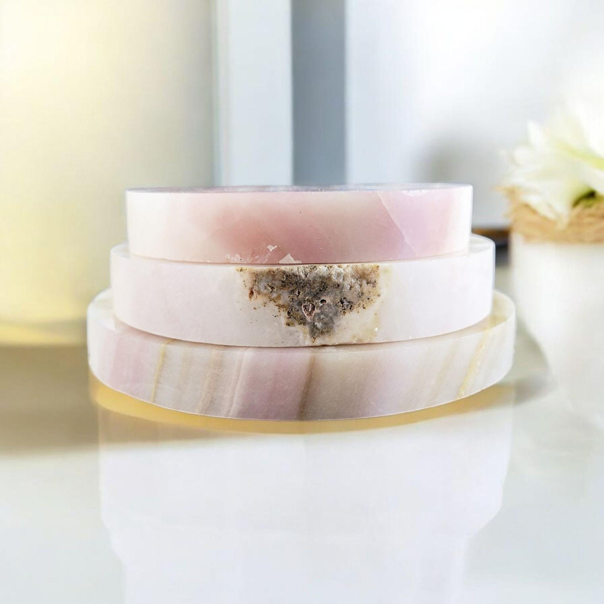 Pink Banded Calcite Crystal Moon: Carved Celestial Decor