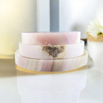 Pink Banded Calcite Crystal Moon: Carved Celestial Decor