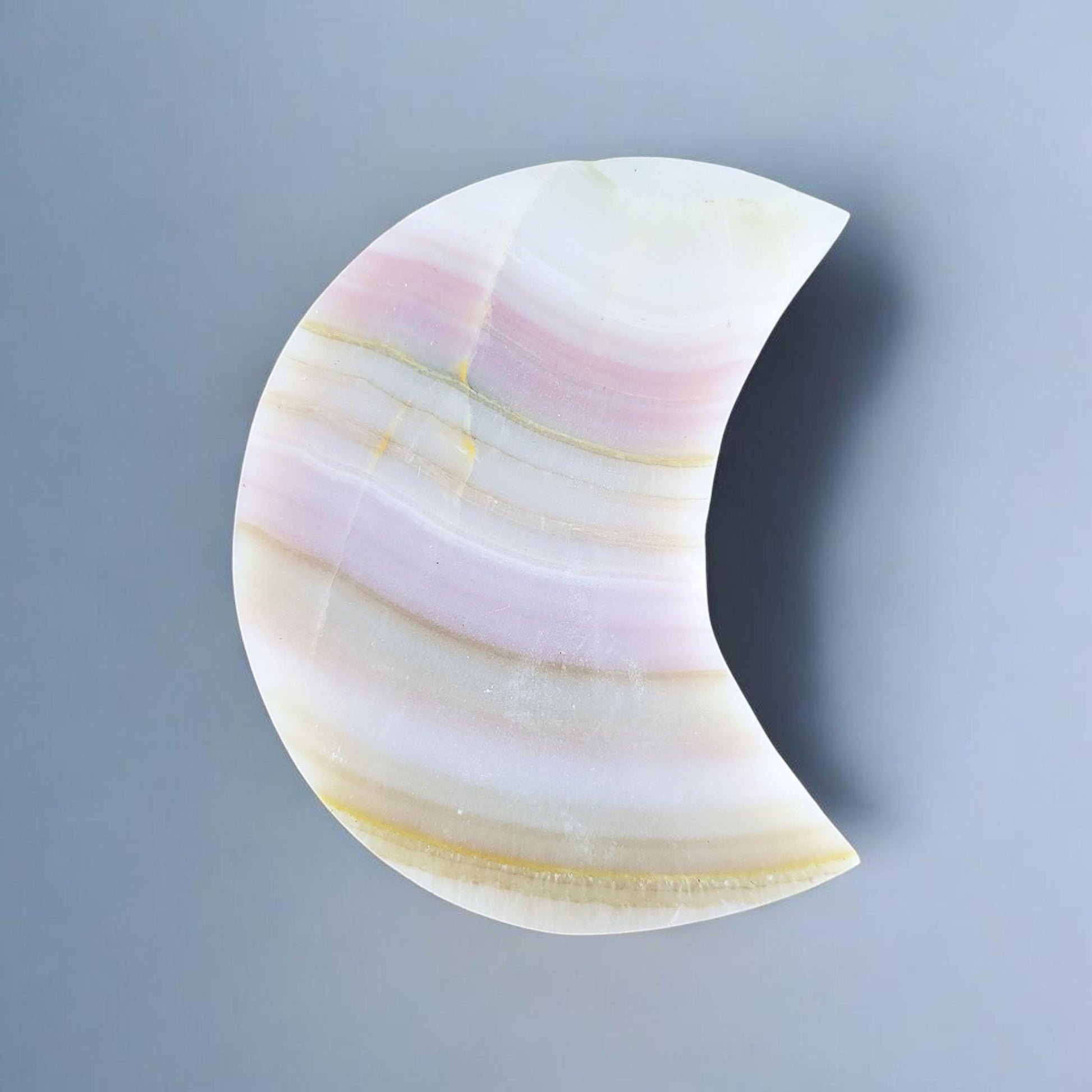 Pink Banded Calcite Crystal Moon: Carved Celestial Decor