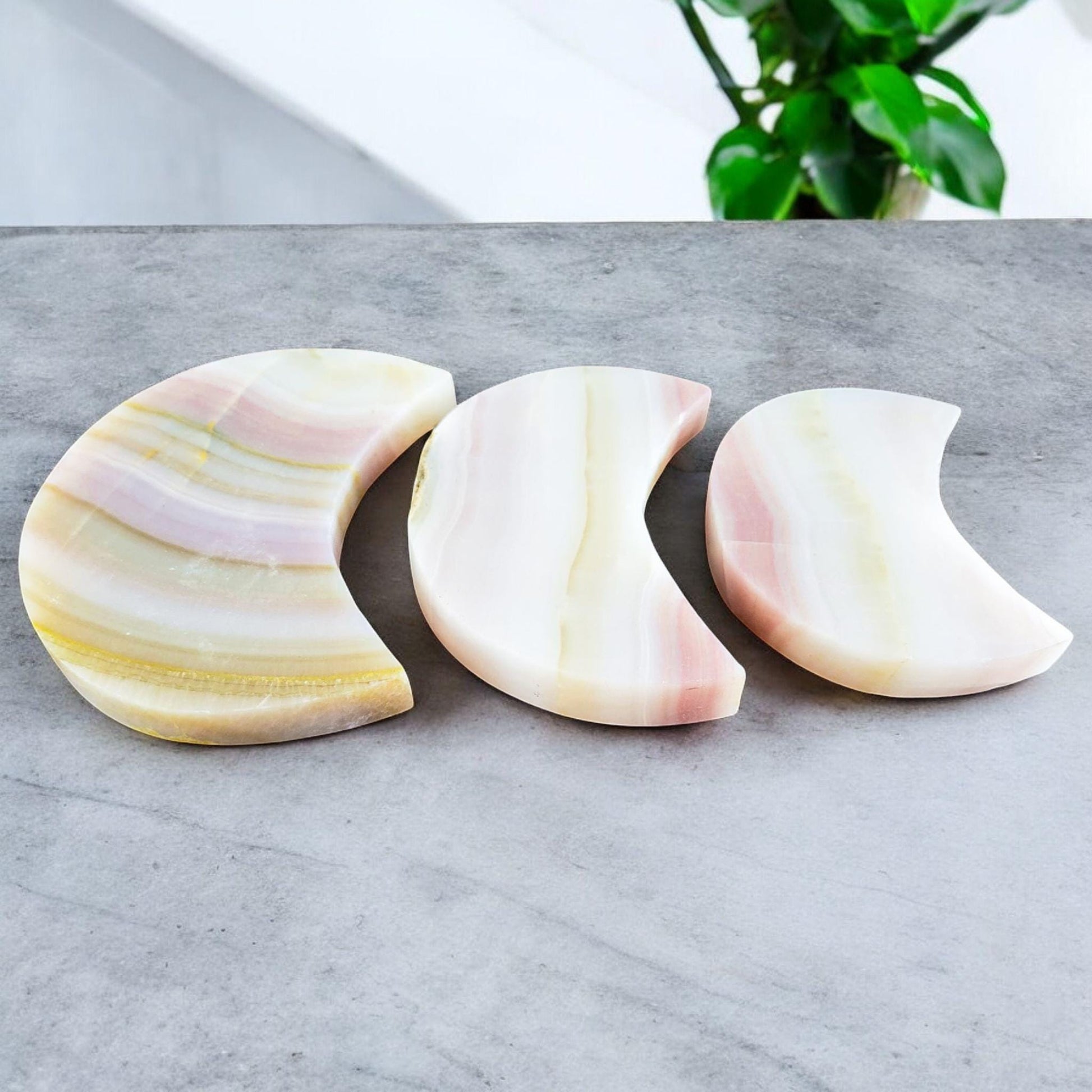 Pink Banded Calcite Crystal Moon: Carved Celestial Decor