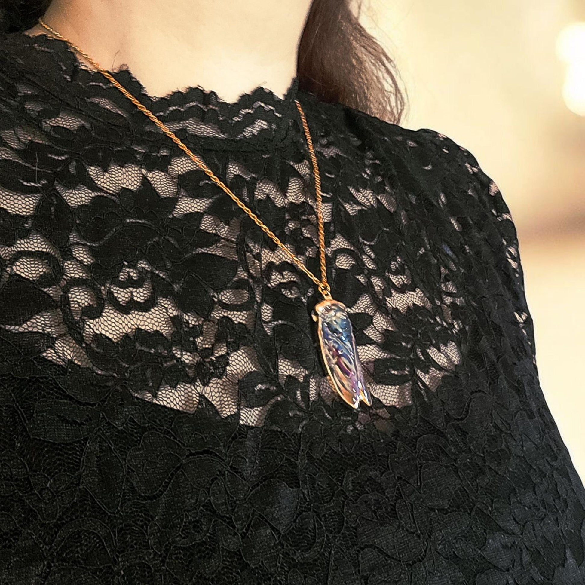 Iridescent Glass Cicada Necklace | Gold Color Electroplated Pendant | Unique Nature Lover Gift