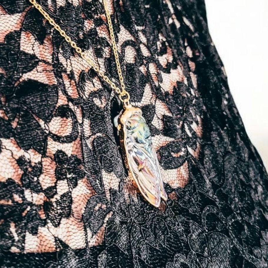 Iridescent Glass Cicada Necklace | Gold Color Electroplated Pendant | Unique Nature Lover Gift