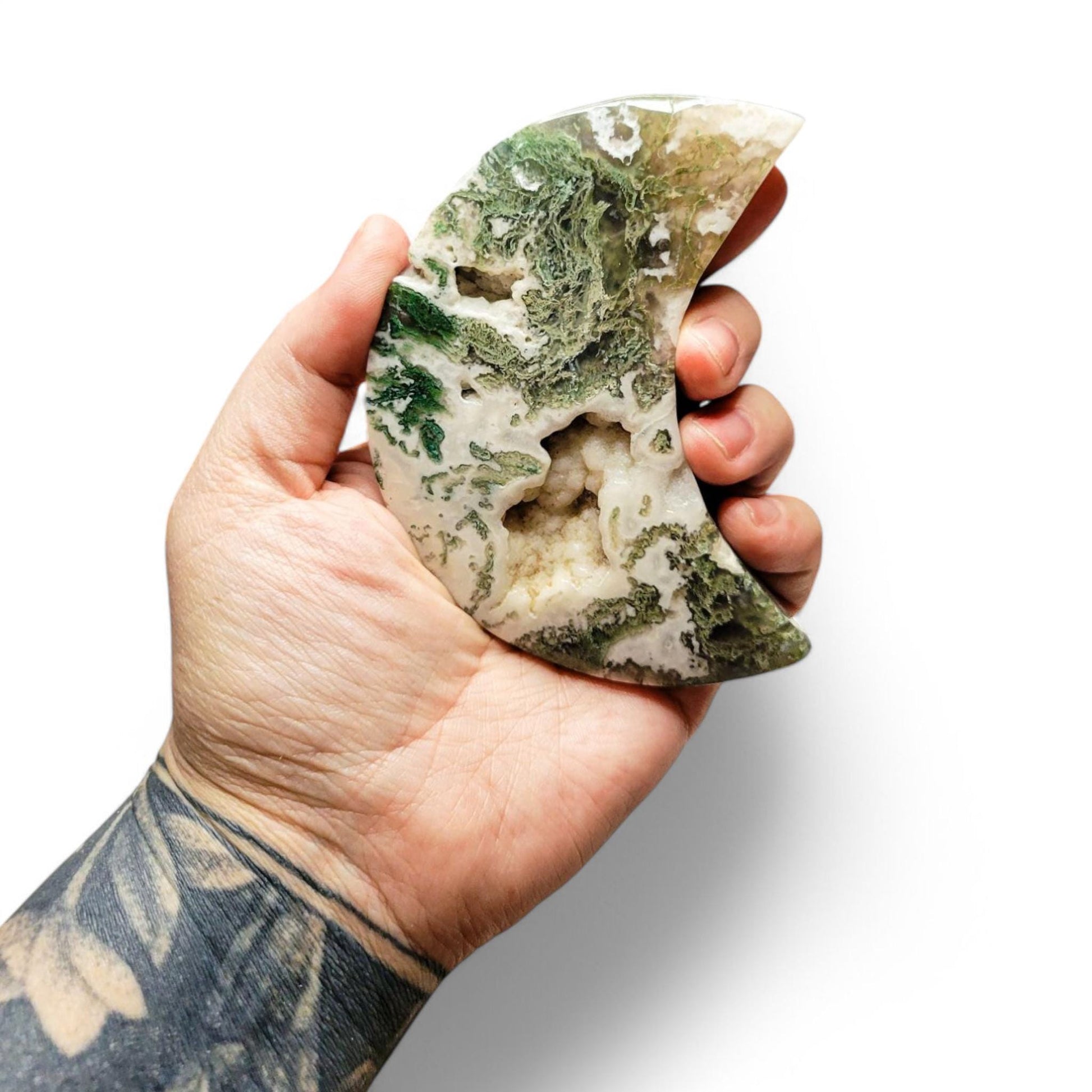 Moss Agate Moon Carving with Stand: Translucent Druzy Crystal Decor - 4.5 inch Moon