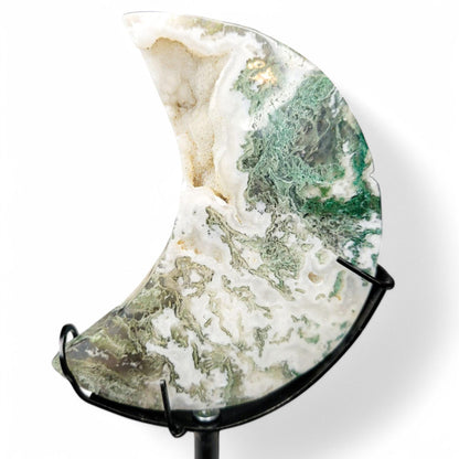 Moss Agate Moon Carving with Stand: Translucent Druzy Crystal Decor - 4.5 inch Moon