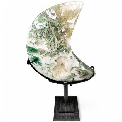 Moss Agate Moon Carving with Stand: Translucent Druzy Crystal Decor - 4.5 inch Moon