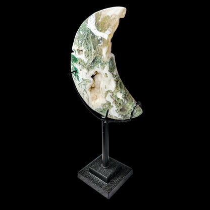 Moss Agate Moon Carving with Stand: Translucent Druzy Crystal Decor - 4.5 inch Moon