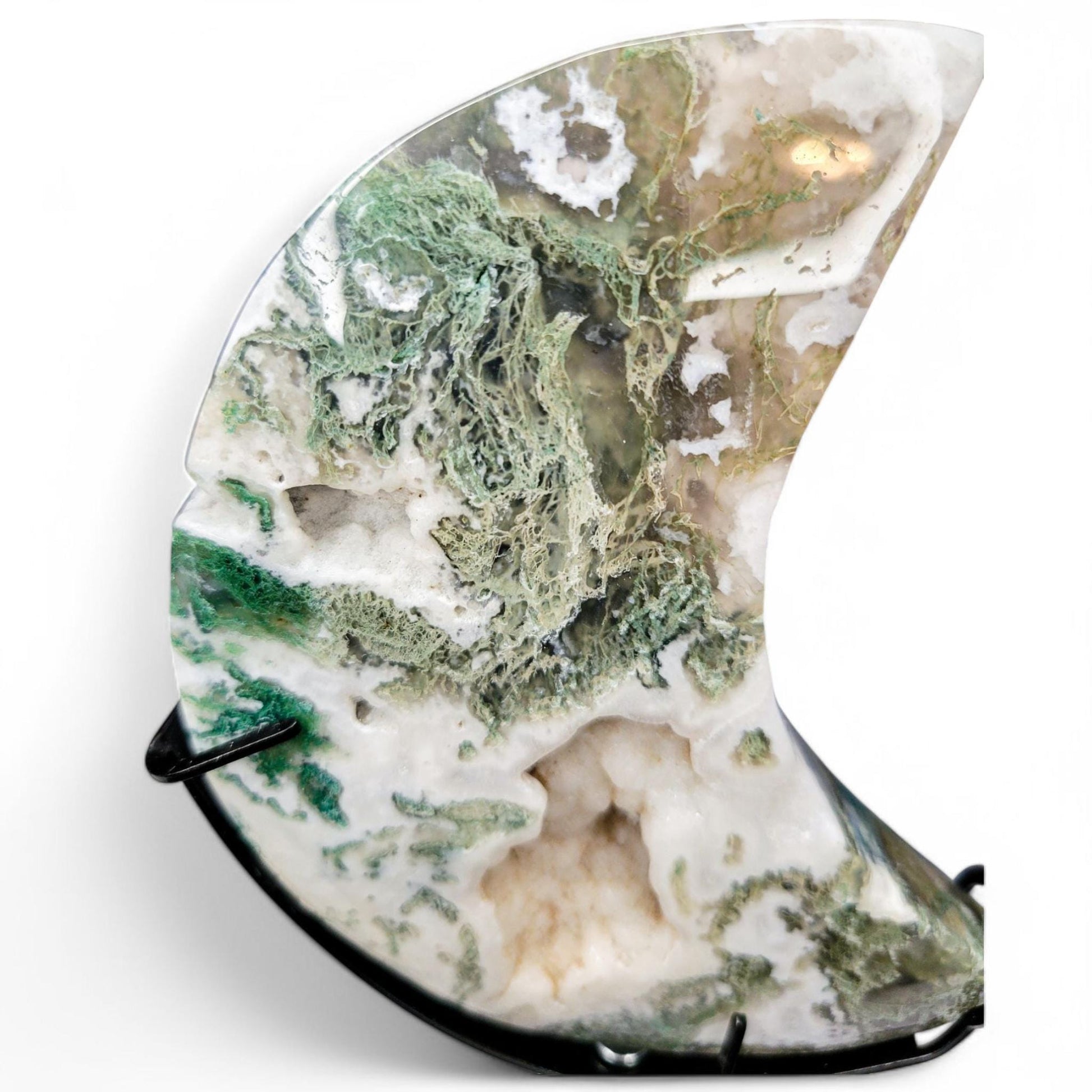 Moss Agate Moon Carving with Stand: Translucent Druzy Crystal Decor - 4.5 inch Moon