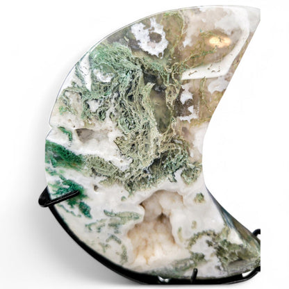 Moss Agate Moon Carving with Stand: Translucent Druzy Crystal Decor - 4.5 inch Moon