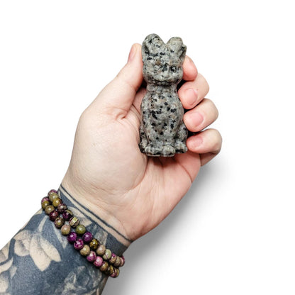 Yooperlite Horned Cat Carving | Baphomet Inspired Statue | Unique Gothic Crystal Art | UV Reactive Crystal