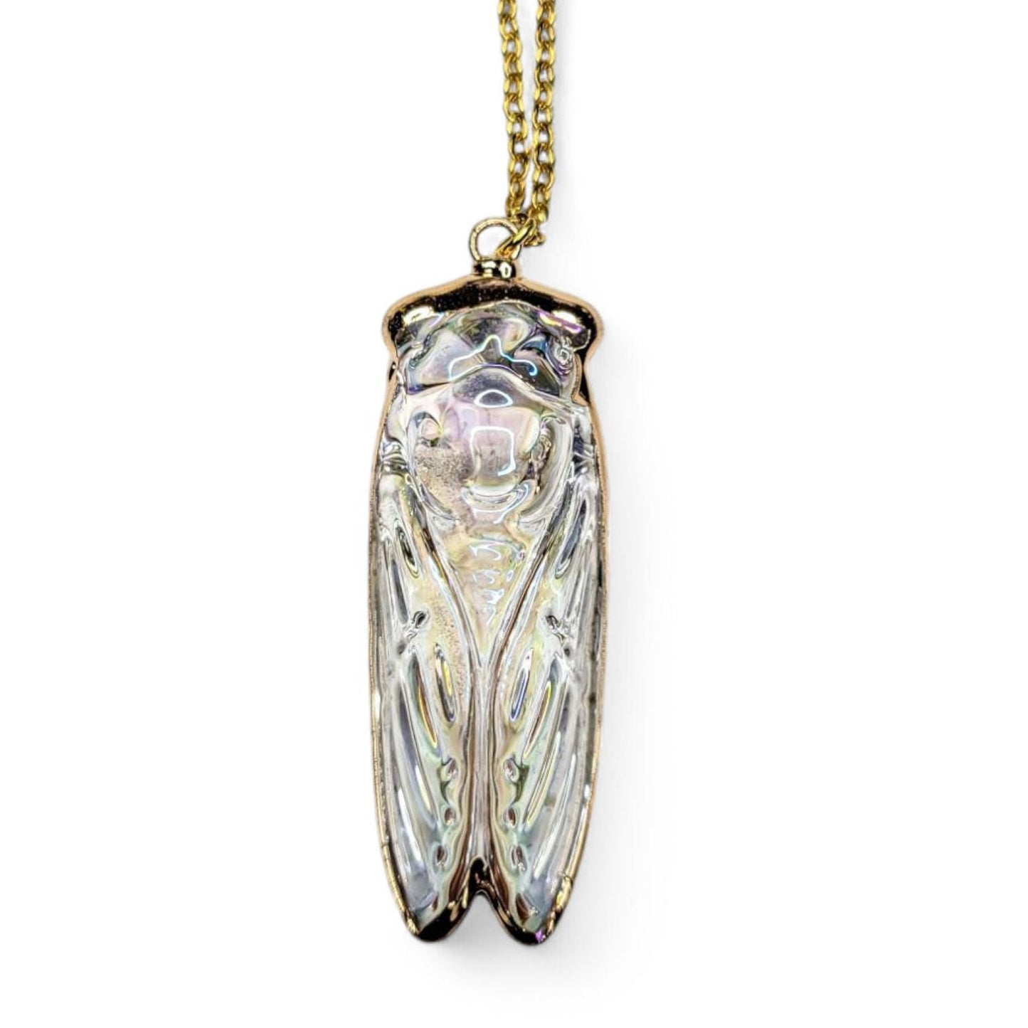 Iridescent Glass Cicada Necklace | Gold Color Electroplated Pendant | Unique Nature Lover Gift
