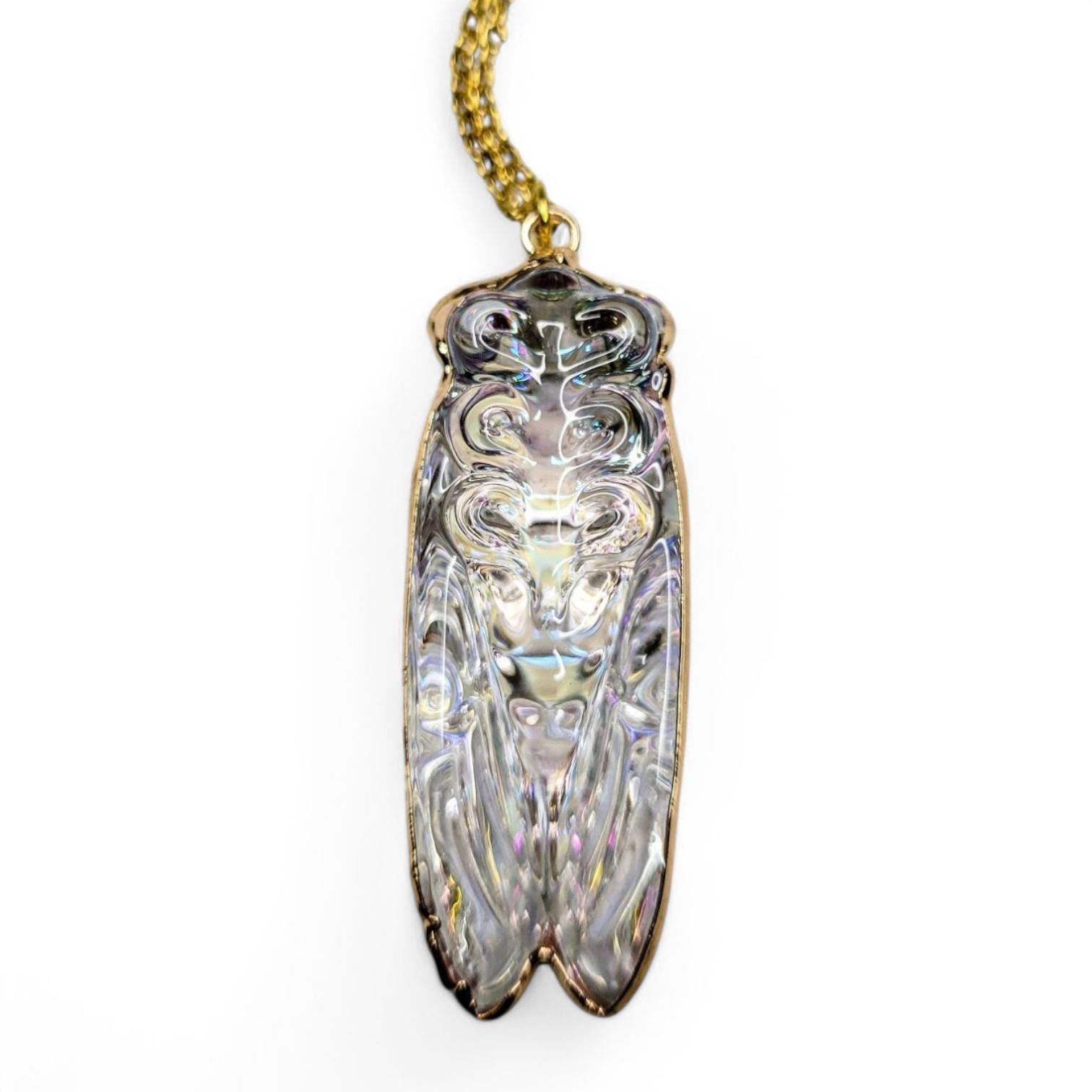 Iridescent Glass Cicada Necklace | Gold Color Electroplated Pendant | Unique Nature Lover Gift