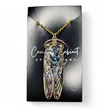 Iridescent Glass Cicada Necklace | Gold Color Electroplated Pendant | Unique Nature Lover Gift