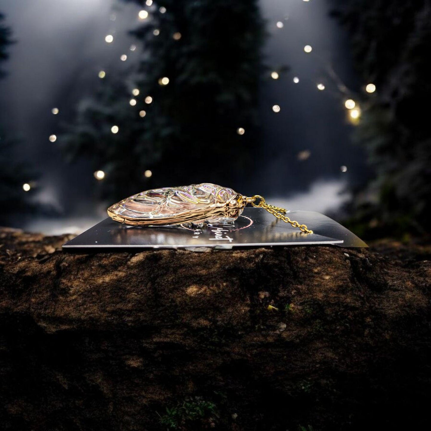 Iridescent Glass Cicada Necklace | Gold Color Electroplated Pendant | Unique Nature Lover Gift