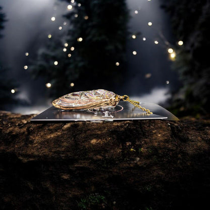 Iridescent Glass Cicada Necklace | Gold Color Electroplated Pendant | Unique Nature Lover Gift