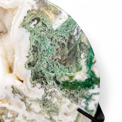 Moss Agate Moon Carving with Stand: Translucent Druzy Crystal Decor - 4.5 inch Moon