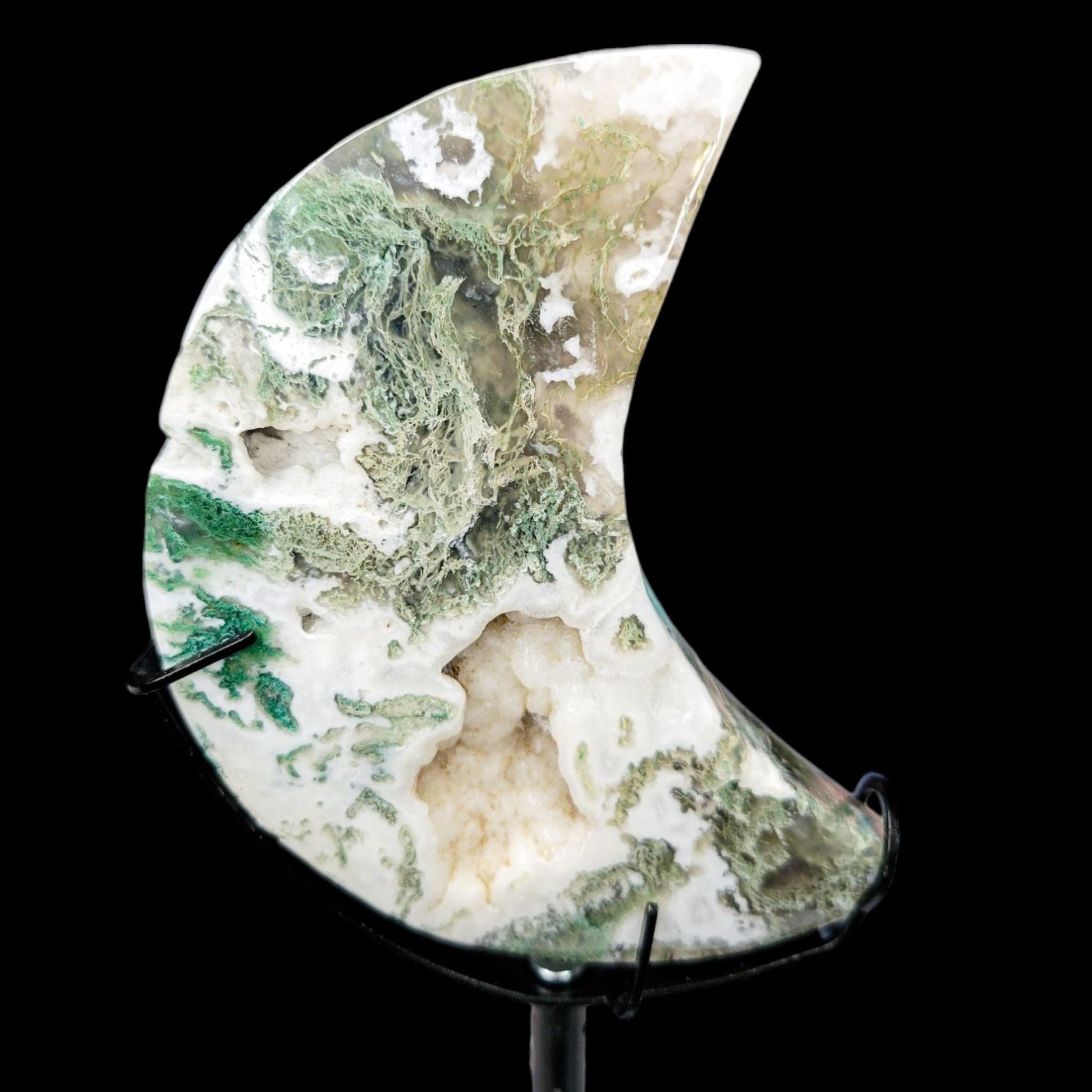Moss Agate Moon Carving with Stand: Translucent Druzy Crystal Decor - 4.5 inch Moon